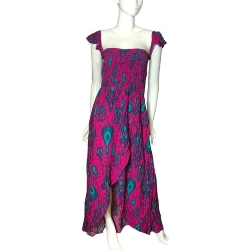 Vintage maxi sundress cap shoulder shirred‎  top printed Ikat dress large boho